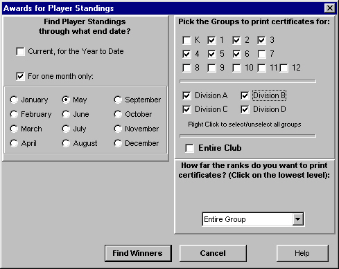 Awards for Player Standings screen